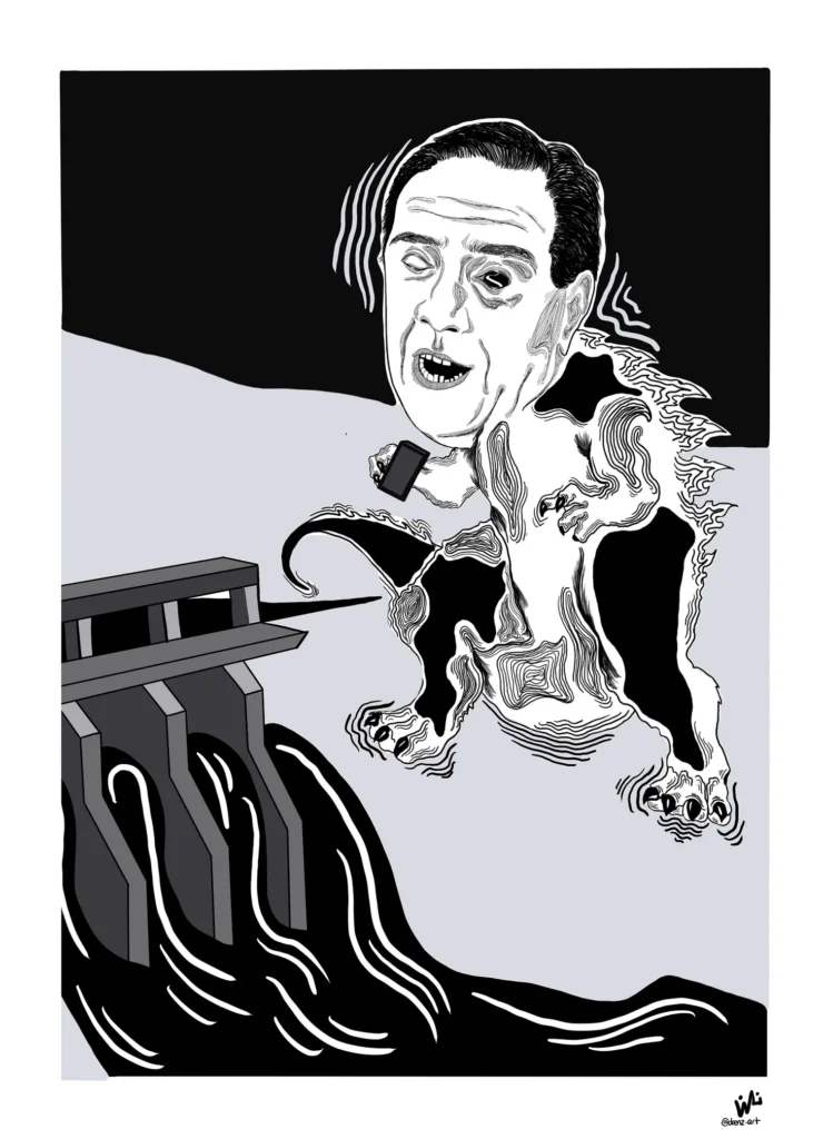 Godzilla but if he were Quebec’s premier. Illustration: Nadine Abdellatif